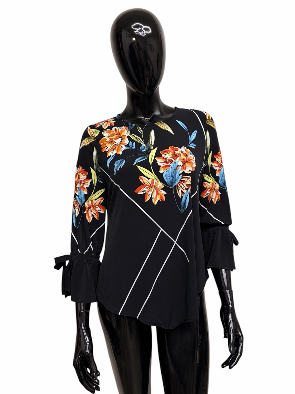Alfani Black Floral Tie-Sleeve Blouse